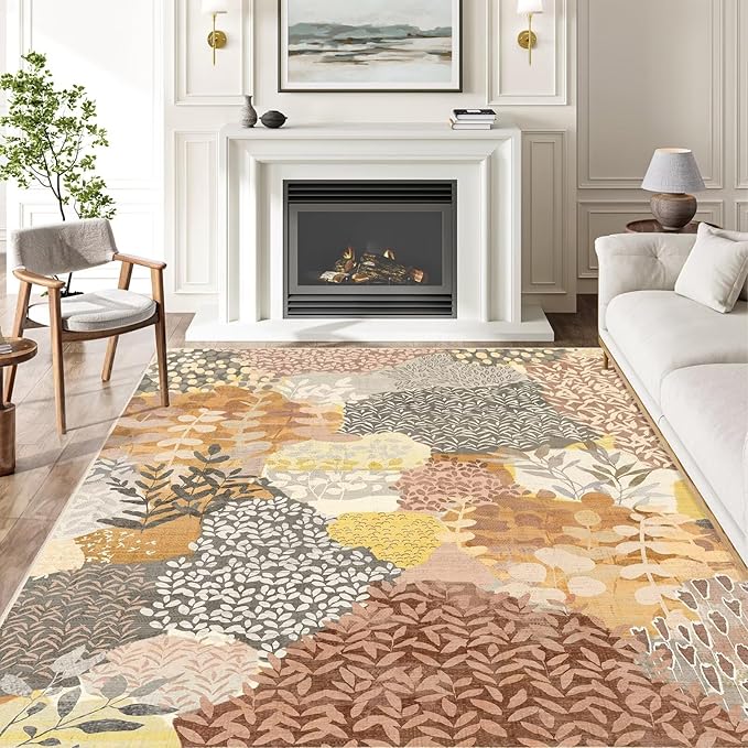 DEXDE 5x7 Area Rugs, Washable Non-Slip Abstract Boho Soft Rug for Living Room Bedroom,Leaves Floral Print Large Carpet for Entryway, Kids Playroom, Office,Camel