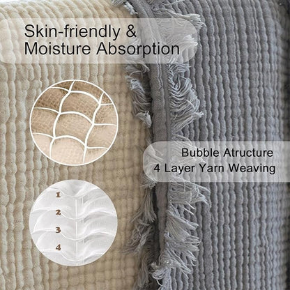 MorroMorn 100% Cotton Queen Size Bed Blanket 80"x90" Muslin Blanket with Fringes, 4-Layer Gauze Blankets for Adult, Boho Bedding Breathable Lightweight Ultra-Soft for All Seasons, Grey