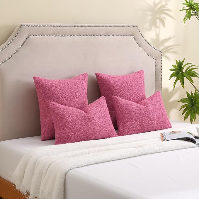 FUTEI Pack of 2 Hot Pink Decorative Throw Pillow Covers 22x22 Inch Soft Cozy Solid Boucle Textured Cushion Case,Modern Home Decor for Couch Bed Living Room