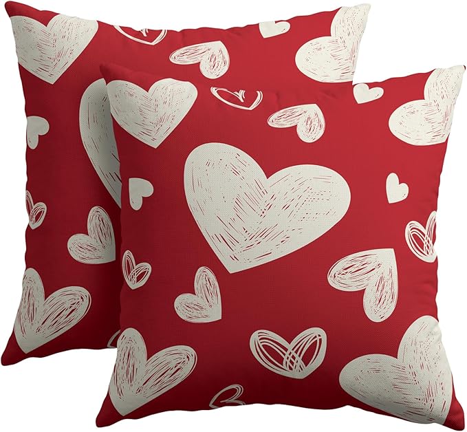 Valentines Day Pillow Covers 18x18 Set of 2 Red Love Print Decorative Outdoor Heart Throw Pillow Cases Rustic Holiday Decoration Farmhouse Sofa Couch Cushion Cover Bed Decor