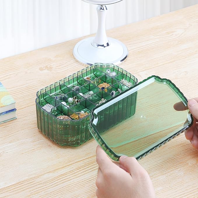 LETURE 3-Layer Jewelry Organizer Box for Earrings, Rings, Necklaces, Bracelets, Clear Plastic Bead Storage Containers for Crafts (Green)