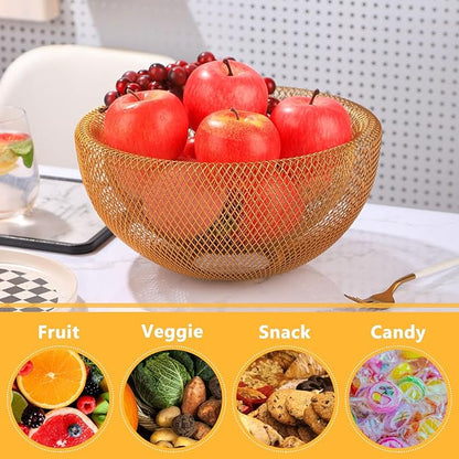 IBWell Metal Wire Woven Fruit Storage Bowl Basket for Kitchen, Large Black Mesh Fruit Stand, for Apple, Pineapple, Banana, Orange, Lemon, Pear, Strawberry, Watermelon (Gold, Normal & Large)