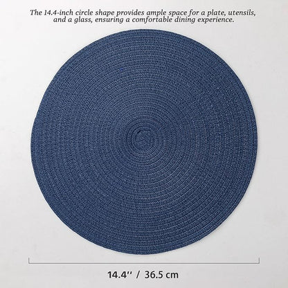 Round Placemats Set of 6 Woven Placemats Washable Braided Table Mats for Dining Table Heat Resistant Non-Slip Circle Place Mats(Navy Blue)