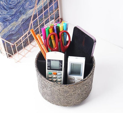 lizimandu Round Leather Art Supply Organizer,Remote Control Holder,360 Degree Spinning,Multi-Functional Pencil Holder,4 Compartments Desktop Stationary Organizer(1-Carved Cooper Gold)