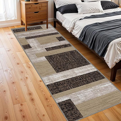 Modern Geometric Patchwork Long Hallway Rug Runners, 3.3x10ft, Neutral Brown Geometry Aesthetic Entrance Carpet, Absorbent Washable Foldable No Crease High Traffic Mat for Laundryroom