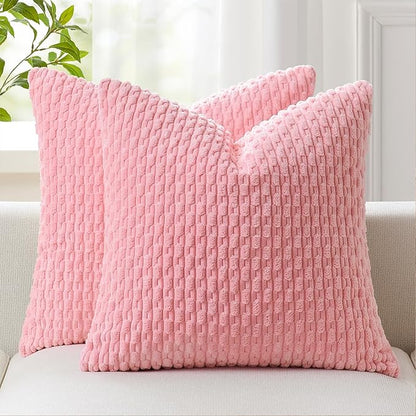 Kevin Textile Valentines Day Decorative Pillow Covers Set of 2 Striped Plush Corduroy Pillows Pillowcases Boho Home Decor Cushion Covers for Couch Sofa Bed Living Room 20x20 Inch, Pink