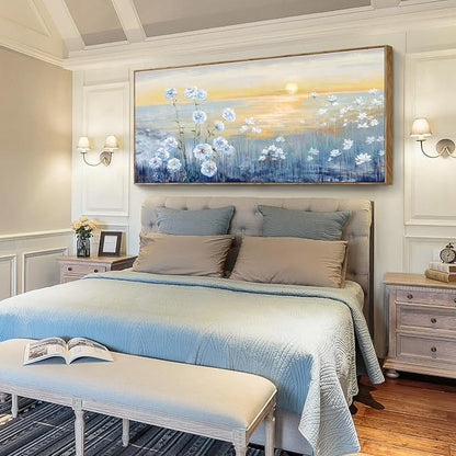 Nicetop Extra Large Framed Blue Ocean Sunset Wall Art Coastal Beach Flowers Canvas Print Sea Sun Natural Seascape Painting Calm Warm Seaside Landscape for Home Bedroom Living Room Office 32x71inch
