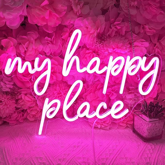 SYLHOME Pink My Happy Place LED Neon Light Sign USB Girls Babys Bedroom Living Room Kitchen Wall Decor Sign Wedding Birthday Party Sign Christmas Gifts 15.8" X 11.2" 5V Teens