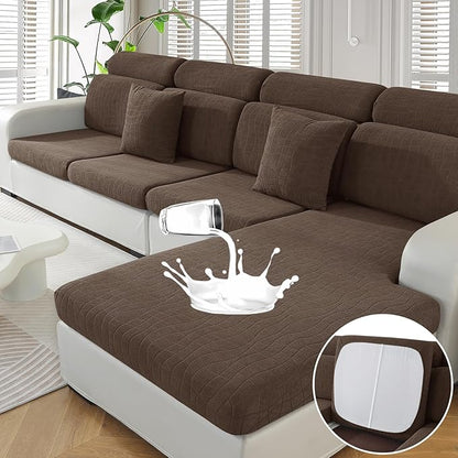 MAXIJIN Waterproof 4 Pieces Couch Cushion Covers for Sectional Sofa Seat Slipcover Stretch Sectional Couch Cover for L Shape Left/Right Chaise with Elastic Bottom (3 Seater + 1 Chaise, Light Coffee)