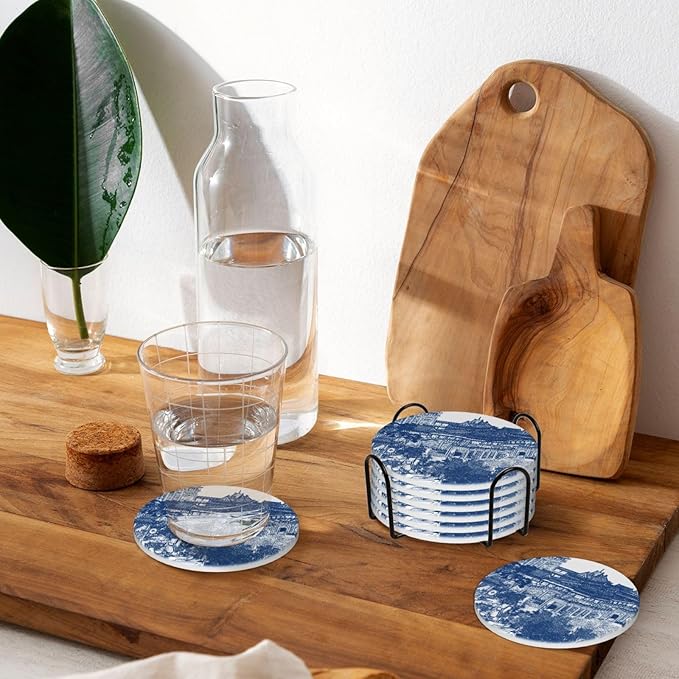 6 Pcs Ceramic Coasters with Holder Absorbent Drink Round Blue Chinoiserie Porcelain Inspiration Design for Home Table Coffee Cup Wine Beer Bar,Size 4.4 inches
