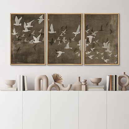 MUDECOR Framed Wall Art Print Set Flock of Abstract Birds in Flight Earthy Tones Illustrations Modern Art Boho Decorative Colorful Chic for Living Room, Bedroom, Office - 24"x36"x3 Natural