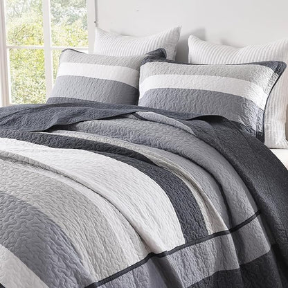 SahSahCasa 120"x120" 100% Cotton Oversized California King Bedspread Coverlet Striped Quilt Set, Cal King Quilted Bedspread Extra Large Quilt, XL Bed Spread Lightweight Comforter, Dark Slate Gray
