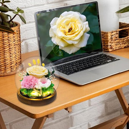 Yellow Rose Valentines Day Gifts for Her Gifts for Womens Mothers Day Gifts for Mom Grandma - Preserved Real Rose in Glass Dome with LED Strip, Forever Flowers for Delivery on Birthday