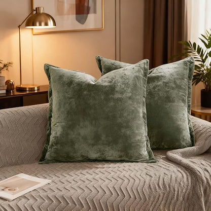 Velvet Pillow Covers 2 Pack Soft 26x26 Pillow Covers Solid Square Euro Shams Decorative Couch Pillow Cases with Wide Border for Sofa Bed Home Decor,Army Green
