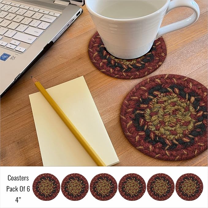 Homespice Highland Jute Braided Rope Coasters 4", Warm Lodge and Cabin Decor, Set of 6, Multicolor - Durable, Absorbs Moisture, Easy to Clean and Protects Furniture