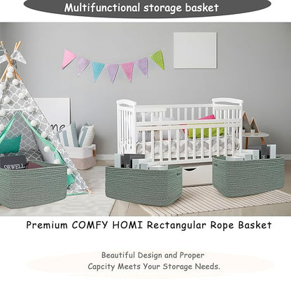COMFY-HOMI 3 pcs Large Storage Baskets for Shelves, Laundry Basket, Woven Rope Basket, Closet Organizer Bins for Clothes Blanket Towels, Baby Nursery, Gift Toy Baskets, 17” x 13” x 7.5”-Green