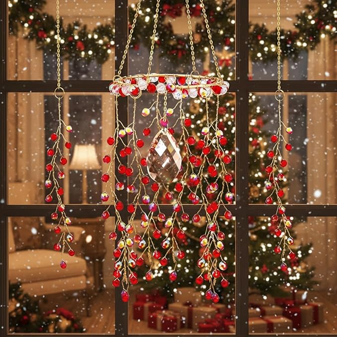 Suncalla 3 Pcs Crystal Suncatcher for Window Hanging Christmas Red Berry Crystal Sun Catcher Indoor Window Glass Wind Chimes Home Garden Decor Making Rainbow Xmas Gifts