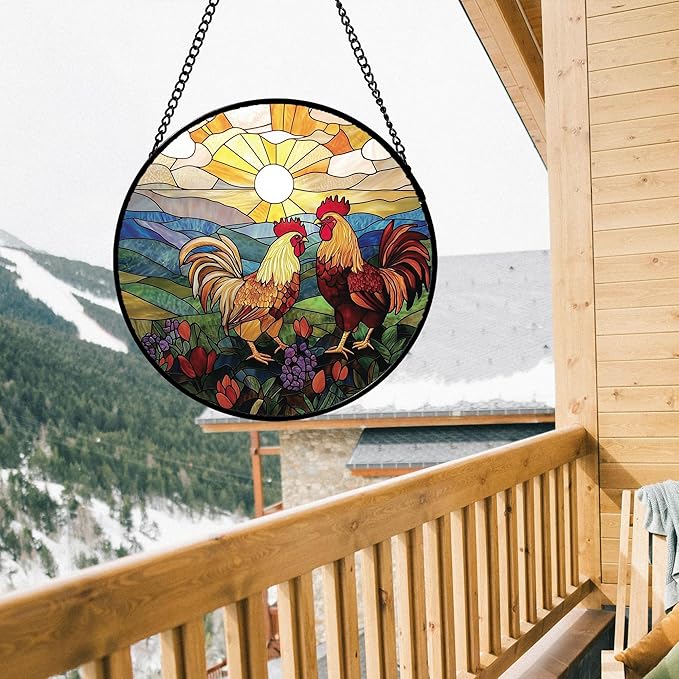 Stained Glass Window Hanging, Countryside Scenery Chicken Sun Catcher for Door Home Decor Sunrise Suncatcher Christmas Mother's Day Birthday Gifts for Women Men Mom Nana 11.8 in