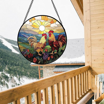Stained Glass Window Hanging, Countryside Scenery Chicken Sun Catcher for Door Home Decor Sunrise Suncatcher Christmas Mother's Day Birthday Gifts for Women Men Mom Nana 15 in