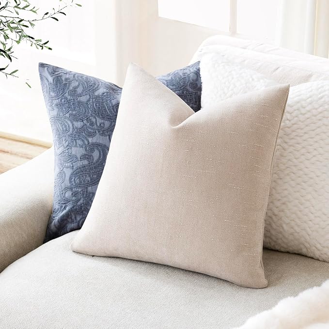 Foindtower Pack of 2 Soft Textured Throw Decorative Pillow Covers Square Accent Solid Cushion Cover Cozy Farmhouse Pillow Case with Zipper for Couch Sofa Bedroom Living Room 18x18 Inch, Light Beige
