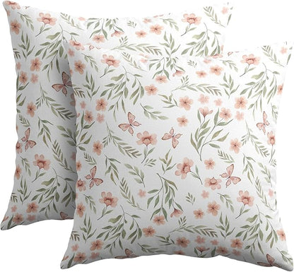 Spring Pillow Covers 18x18 Set of 2 Sage Green Pink Floral Throw Pillow Covers Boho Pillowcase Linen Decoration Farmhouse Soft Decorative Butterfly Cushion Case Couch for Indoor Outdoor Home Decor