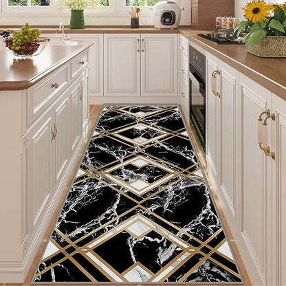 Diamond Geometric Print Area Rug for Bedroom, 2x10ft, Modern Black White Marble Home Decor Carpet, Durable Soft Cozy Non Slip Rug, Breathable Non Shedding Mats for Front Porch