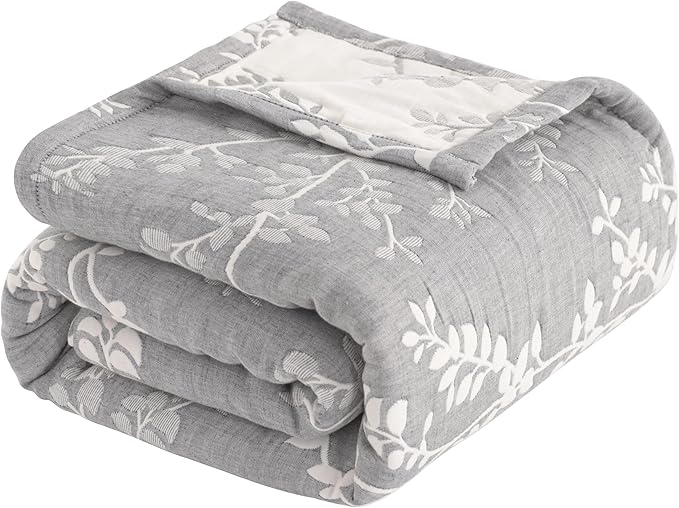 NTBAY 3 Layers Cotton Muslin 106x92 King Bed Blanket, Super Soft Breathable Thermal Yarn Dyed Quilt for Adults, Perfect Lightweight Blanket for Couch Sofa Bed All Seasons, Grey Tree