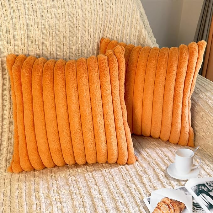 2 Pack Pillow Covers, 20x20 Faux Fur Square Throw Pillow Covers for Living Room Decorations Throw Pillow Case, Throw Pillow Cover Cushion Cover for Home Sofa Bedroom Car, Orange