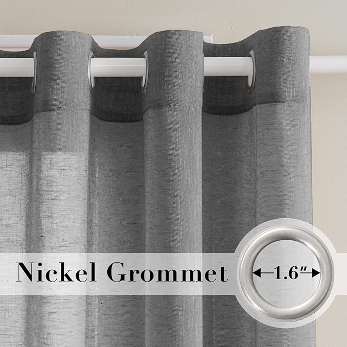 H.VERSAILTEX Linen Curtains Flax Linen Blended Curtain Panels for Living Room/Bedroom Semi Sheer Privacy Curtains 72 inch Length 2 Panels Set Nickel Grommet Window Drapes - Charcoal Grey