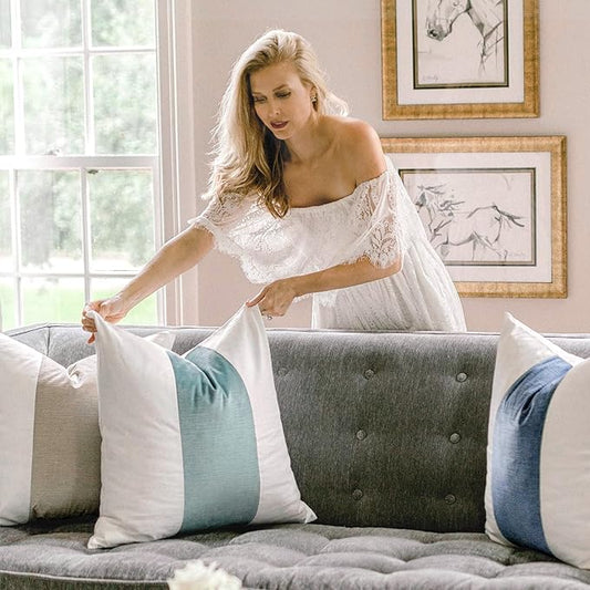 EVERGRACE x Kinsey Walsh Signature Velvet Panel Cotton Pillow Covers Set of 2, Decorative Pillow Covers 22"x22" for Couch, Square Cushion Cases for Sofa Bedroom Living Room, Aquamarine