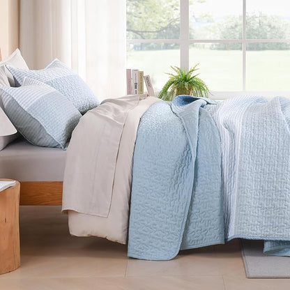 Litanika Quilt Queen Size Pale Blue, Stripe Patchwork Summer Bedspread Coverlet 3 Pieces, Soft Lightweight Microfiber Quilted Bedding Set for All Season(1 Quilt, 2 Pillowcases)
