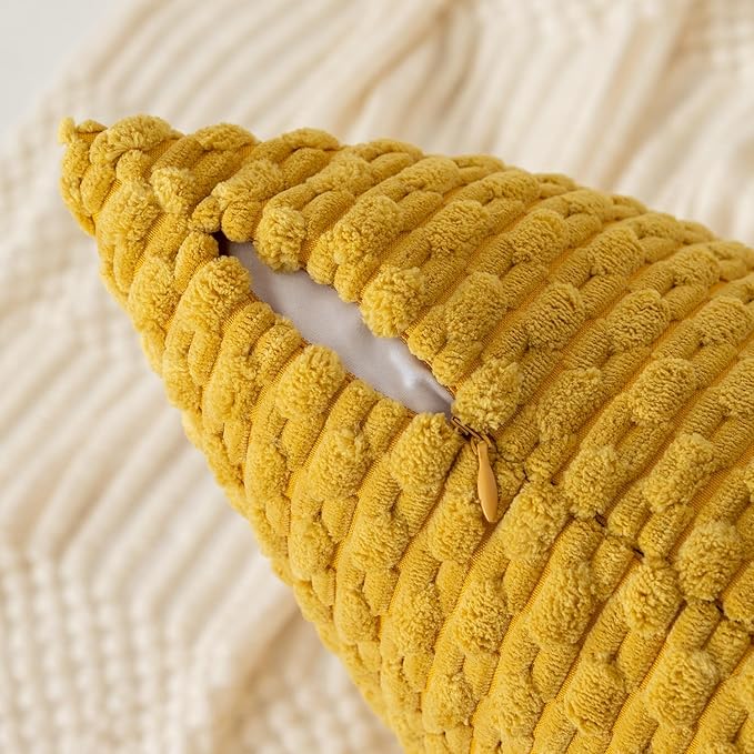 Kevin Textile Throw Pillow Covers Soft Corduroy Decorative Set of 2 Boho Striped Pillow Covers Pillowcases Farmhouse Home Decor for Couch Bed Sofa Living Room 20x20 Inch Mustard Yellow