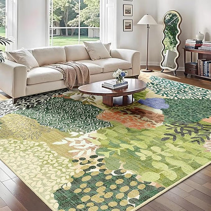 DEXDE Washable Area Rugs 6x9 for Living Room, Floral Large Rug Boho Print Vintage Low Pile Non Slip Carpet for Bedroom Kids Room Nursery Office Dinning Room,Green