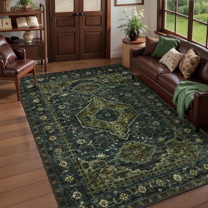 Tangsoo 8x10 Area Rugs for Living Room, Washable Rugs Oriental Vintage Indoor Non Slip Large Area Rugs, Print Carpet, Soft Low Pile Rug Foldable Floor Rug for Bedroom Dining Room Dorm Olive Green