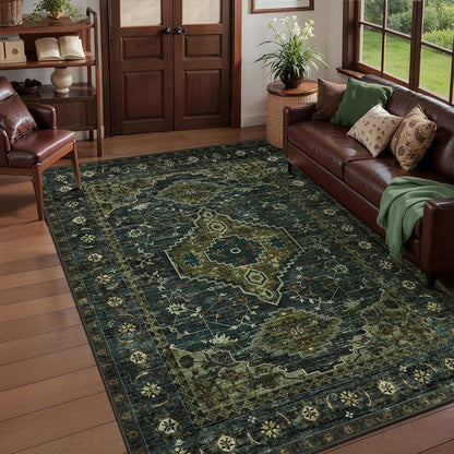 Tangsoo 8x10 Area Rugs for Living Room, Washable Rugs Oriental Vintage Indoor Non Slip Large Area Rugs, Print Carpet, Soft Low Pile Rug Foldable Floor Rug for Bedroom Dining Room Dorm Olive Green