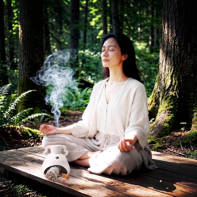 Handmade Ceramic Palo Santo Holder Burner & Sage Holder - Mini Tabletop Chiminea Burner Tray with Ash Catcher, Decorative Incense Holder for Spiritual Meditation & Yoga