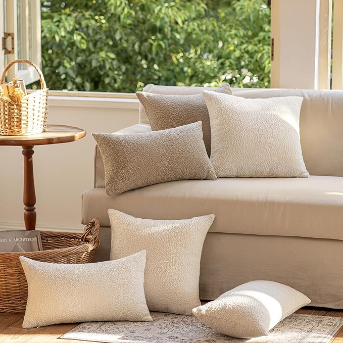 GEEORY Decorative Throw Pillow Covers 16x16 Inch Pack of 2,Textured Boucle Neutral Cushion Cases for Bed Couch Sofa, Accent Accent Mordern Farmhouse & Minimalist Home Decor (White) GE01-16