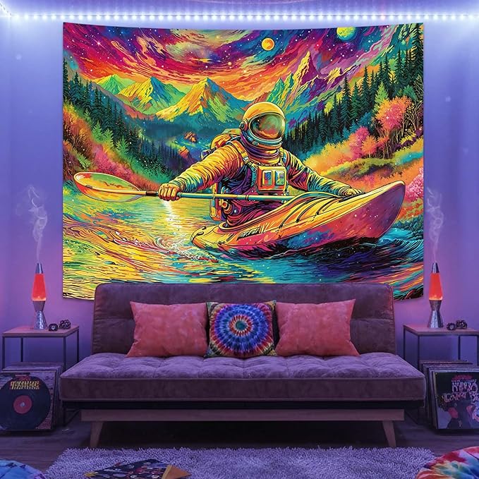 Blacklight Astronaut Tapestry Wall Hanging Space Galaxy Travel Funny Kayaking Tapestries for Bedroom Colorful Aesthetic Cool Wall Art for Guys Gamer Room Dorm Living Room (boating, 48''×36'')