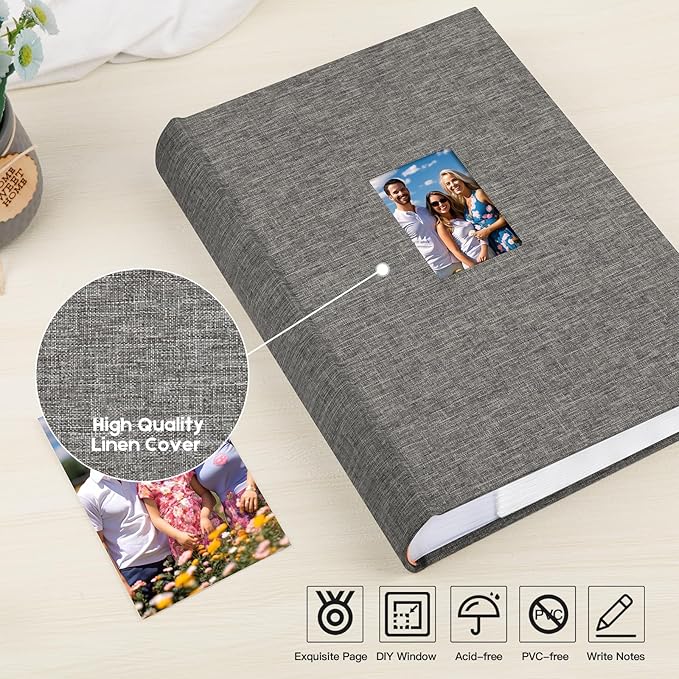 XFveiwoo Photo Album 4x6 450 Photos with Writing Space,4 x 6 Photo Book Linen Cover with Front Window, 4x6 Picture Album 450 Photos Photo Album Book for Wedding Kids Travel Family Baby Pictures, Grey