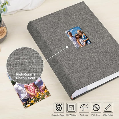 XFveiwoo Photo Album 4x6 450 Photos with Writing Space,4 x 6 Photo Book Linen Cover with Front Window, 4x6 Picture Album 450 Photos Photo Album Book for Wedding Kids Travel Family Baby Pictures, Grey