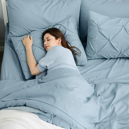 Bedsure King Size Comforter Set Light Blue - Bed in a Bag Bedding Set 7 Pieces, GentleSoft™ Pintuck Bed Set Gift for Family, Pinch Pleat Light Blue Comforter with Sheets, Pillowcases & Shams