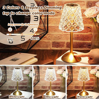 Liliful 1 Pcs Cordless Table Lamp Rechargeable Touch LED Small Gold Portable Battery Operated USB-c Desk Lamp 3 Color Dimmable for Bedroom Living Room Dining (Gold,Diamond Style)
