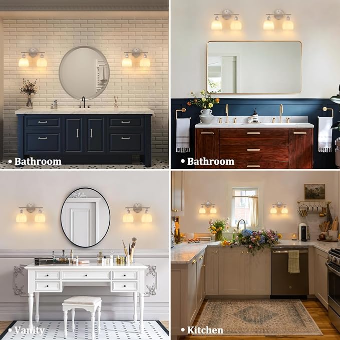 Bathroom Light Fixtures, 2-Light Vanity Wall Light Over Mirror with White Tulip Glass Shade for Bedroom Living Room (Bulb Not Included), Satin Nickel