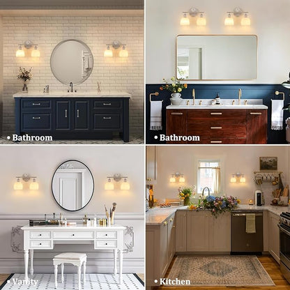 Bathroom Light Fixtures, 2-Light Vanity Wall Light Over Mirror with White Tulip Glass Shade for Bedroom Living Room (Bulb Not Included), Satin Nickel