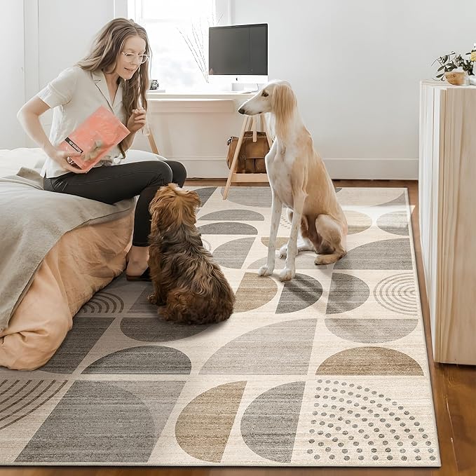 MUJOO Boho Rug Washable,4x6.5 Area Rugs for Bedroom Living Room Bedside Office,Throw Floor Carpet Non Slip Soft Indoor Modern Abstract Bohemian Neutral Beige