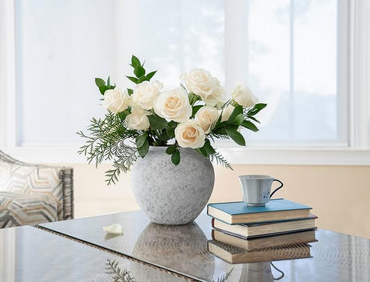 Rustic White Ceramic Vase Flower Vase with Hand-Glazed, Big Textured Round Vase for Centerpieces, Kitchen, Living Room, Bedroom Decor Gifts