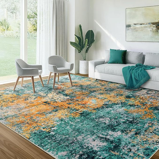 9x12 Area Rug for Living Room - Washable Rugs Modern Abstract Neutral Soft Rug for Bedroom Dining Room No Slip Low Pile Carpet for Nursery Home Office - Teal/Orange