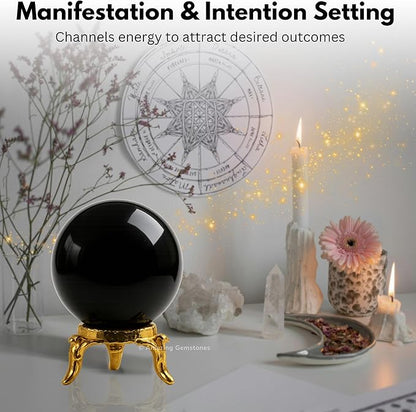 Amazing Gemstone Black Obsidian Crystal Ball with Stand - 1.5" Inches Crystal Sphere Meditation Balls for Witchcraft and Decorative Balls