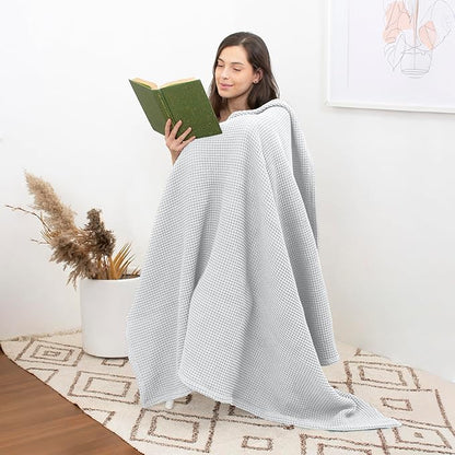 Organic Cotton Waffle Weave Blanket Throw (50" x 60") – Lightweight, Breathable & Soft All-Season Blanket for Couch, Bed, Sofa – Cozy Modern Woven for Beach, Picnic, Travel & Gifts(White)