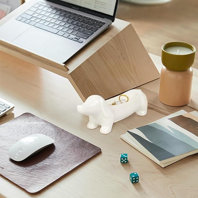 YOBRO Dachshund Ceramic Trinket Tray for Jewelry & Keys - Mini Decorative Dish, Dog Lover Gift, Engagement Ring Organizer (White)